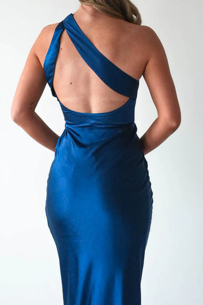 Navy Blue Single Room with Irregular Bareback Satin Dress