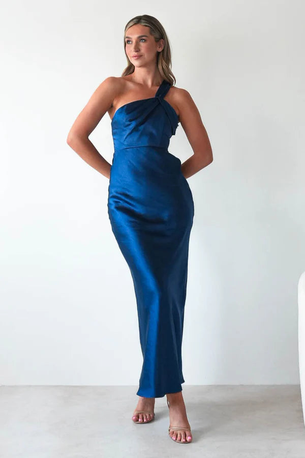 Navy Blue Single Room with Irregular Bareback Satin Dress