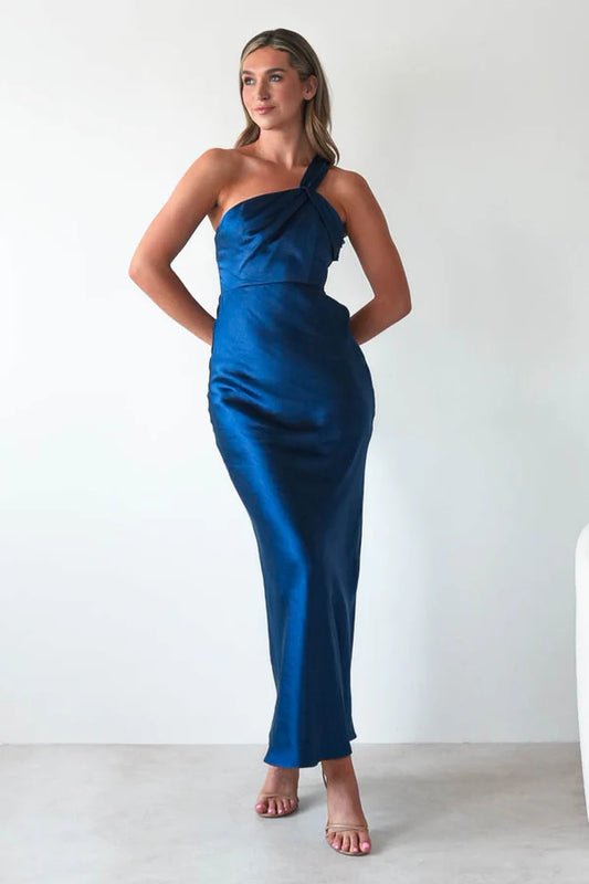 Navy Blue Single Room with Irregular Bareback Satin Dress