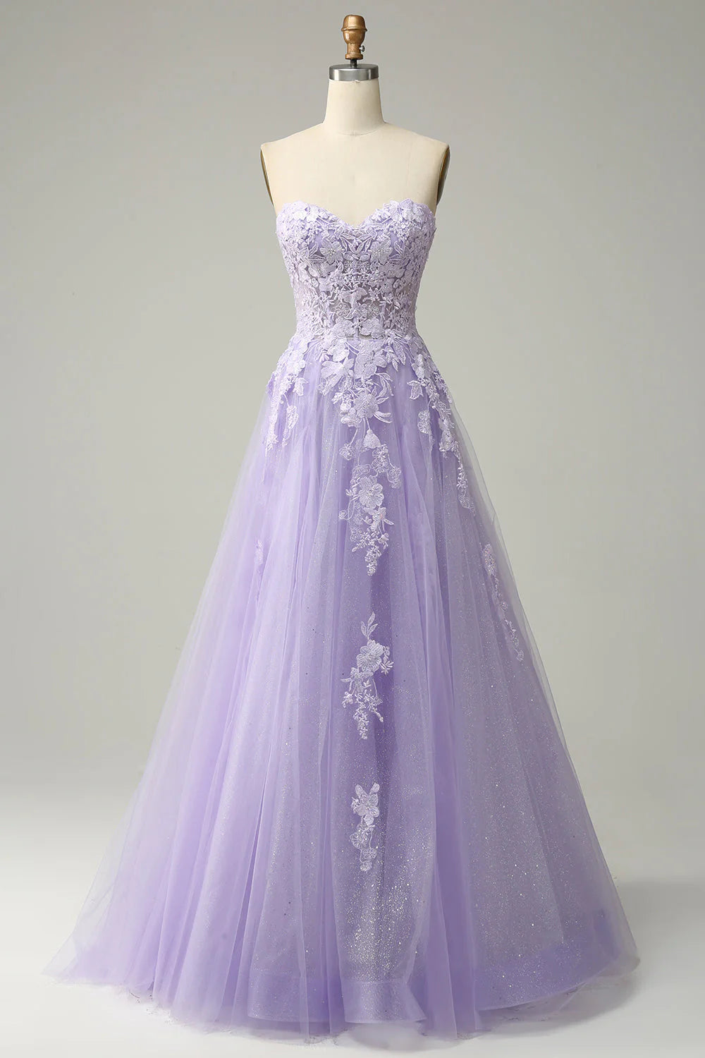 Lavender Strapless Floral Lace Glitter Tulle A-Line Evening Dress