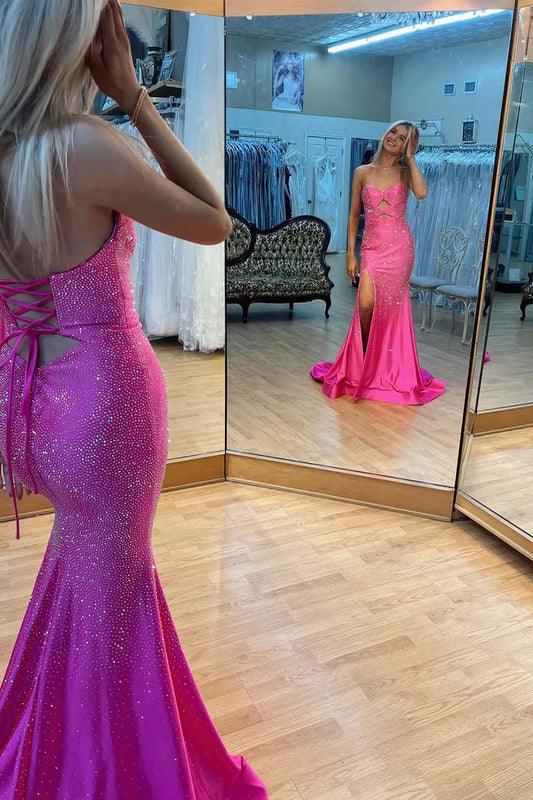 Strapless  slit bead ball gown floor length long skirt