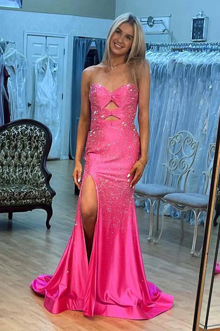 Strapless  slit bead ball gown floor length long skirt