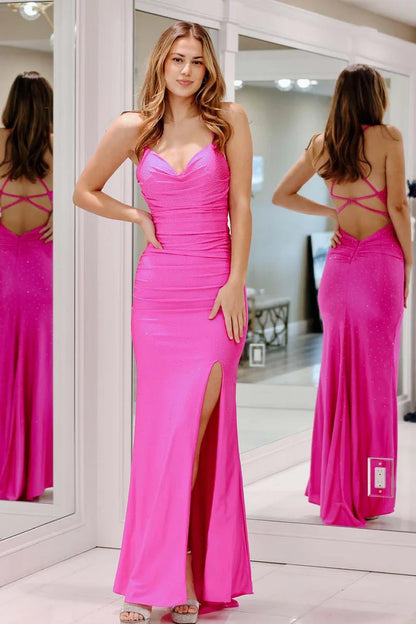 Fitted Beads Open Back Prom Dress with Slit