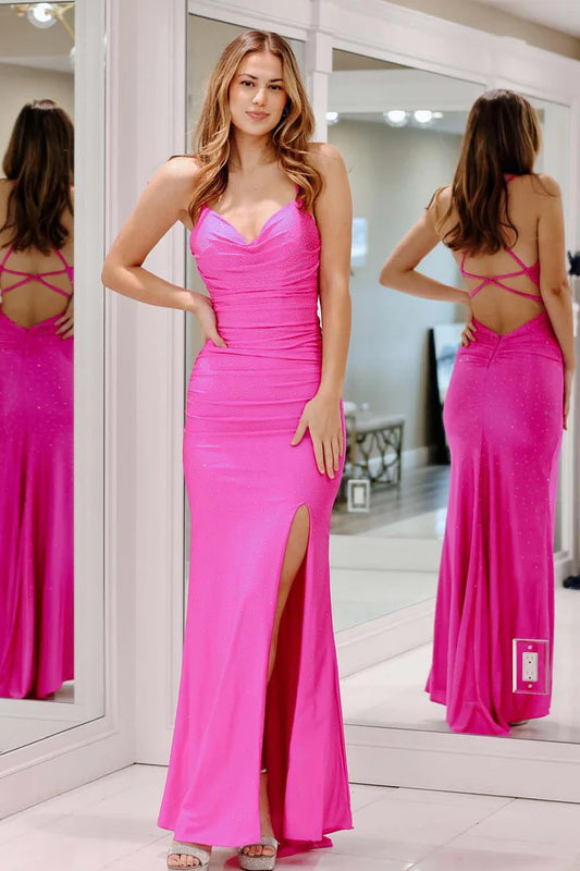 Fitted Beads Open Back Prom Dress with Slit
