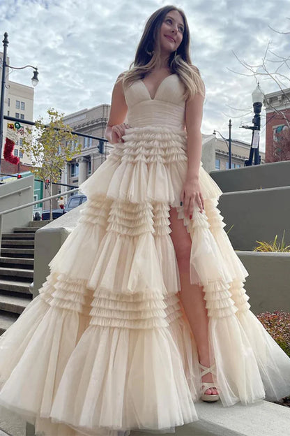 Deep V-slim camisole waist cinching cake skirt long skirt with side slit