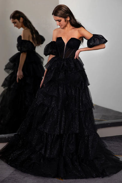 Black layered deep v sleeveless backless cake dress, ball dress