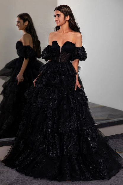 Black layered deep v sleeveless backless cake dress, ball dress