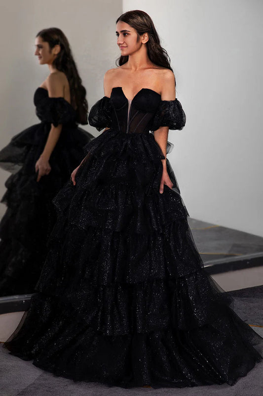Black layered deep v sleeveless backless cake dress, ball dress