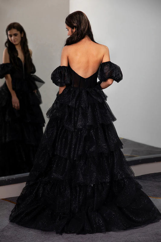 Black layered deep v sleeveless backless cake dress, ball dress
