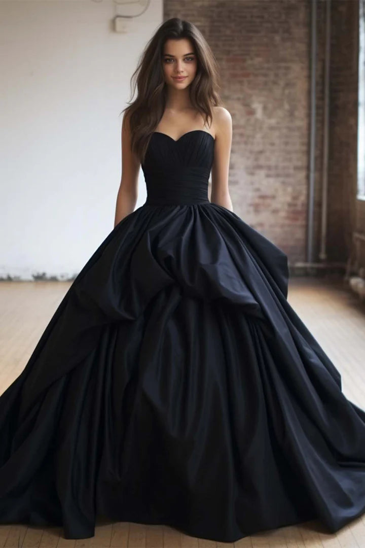 Black strapless strapless sweetheart satin ball gown