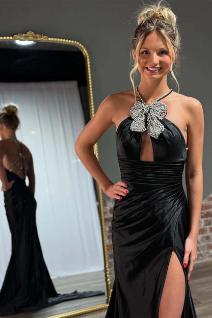 Black backless hanging neck bow ball dress with keyhole