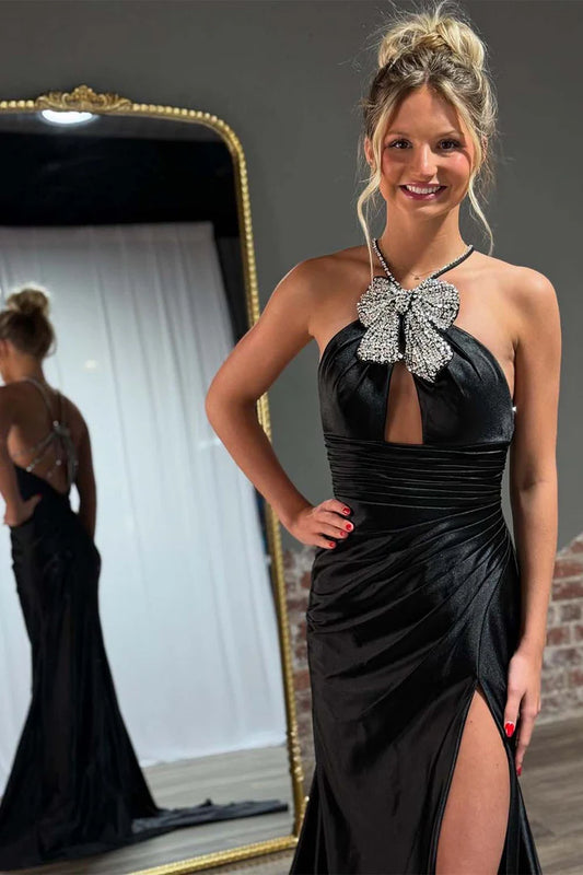 Black backless hanging neck bow ball dress with keyhole