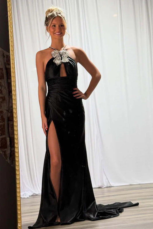 Black backless hanging neck bow ball dress with keyhole