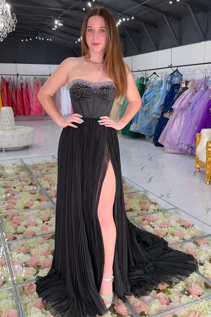 Black Strapless Beaded Prom Dress with Slit
