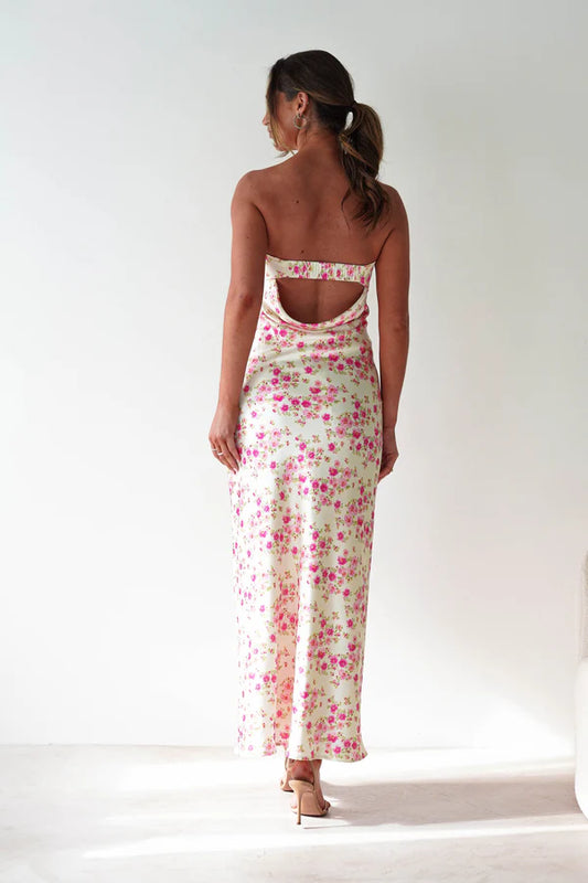 Strapless sleeveless floral dress long skirt formal dress
