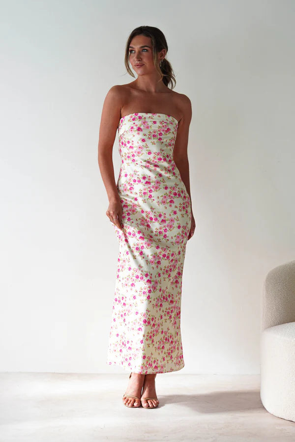 Strapless sleeveless floral dress long skirt formal dress