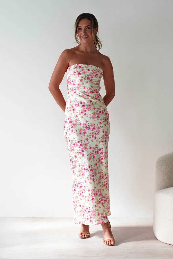 Strapless sleeveless floral dress long skirt formal dress