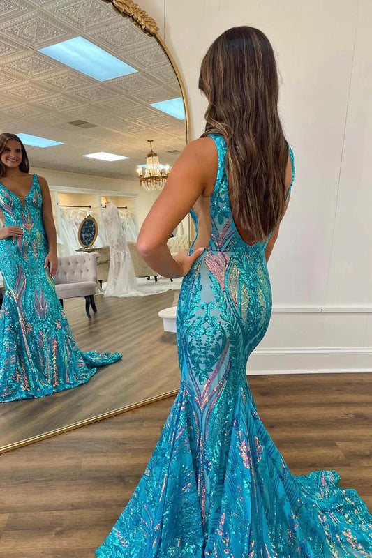 Deep V backless gorgeous blue sequin dance dress