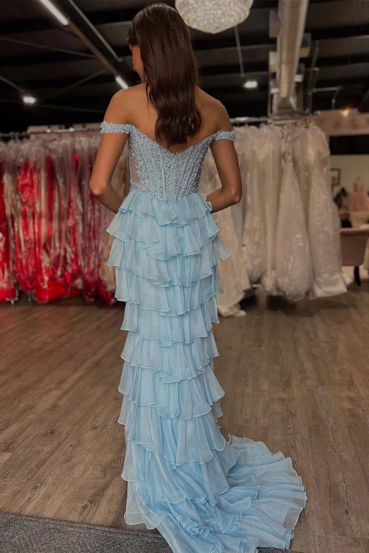 Off the Shoulder Corset Prom Dress with Appliques Top