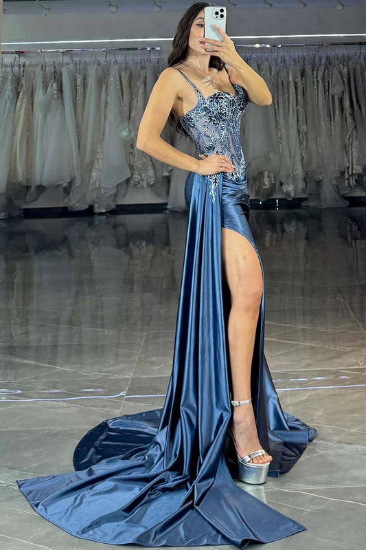 Blue transparent tight corset with side slit ballroom skirt