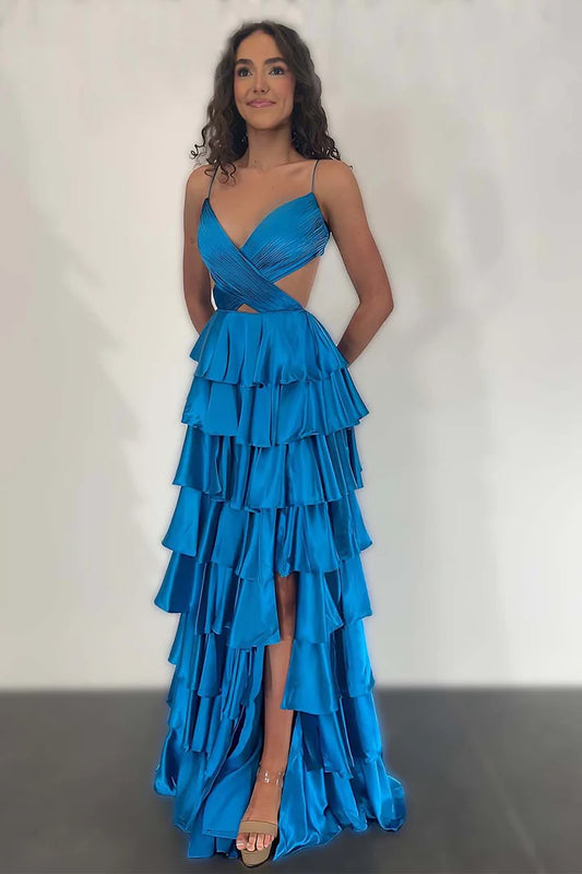Strap backless ruffle edge split ball skirt floor length skirt