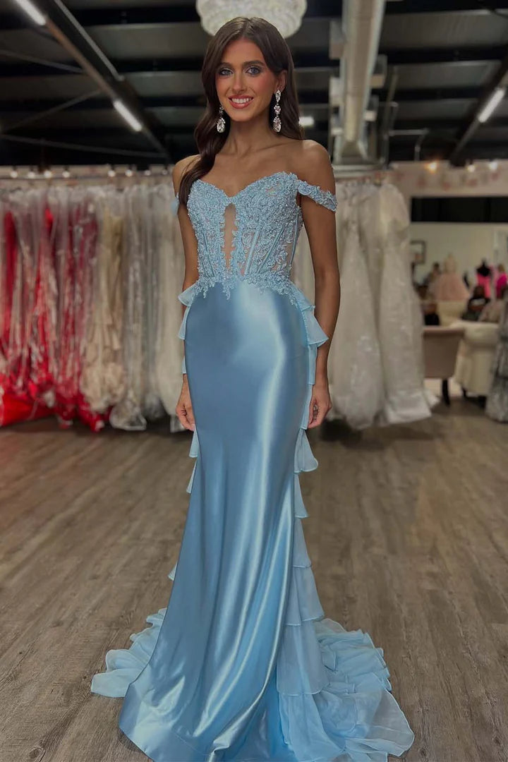 Off the Shoulder Corset Prom Dress with Appliques Top