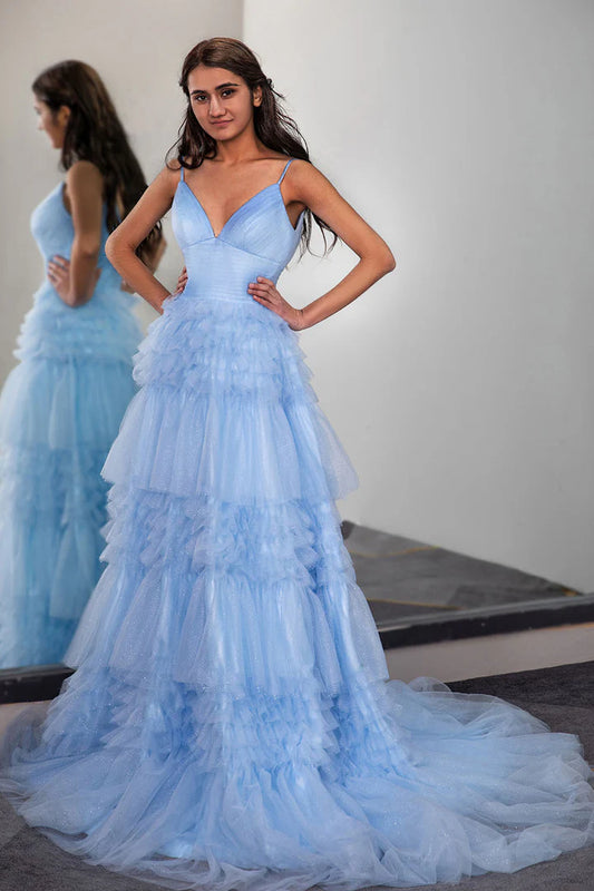 Deep V-strap backless waist cinched light blue long cute cake skirt party dress