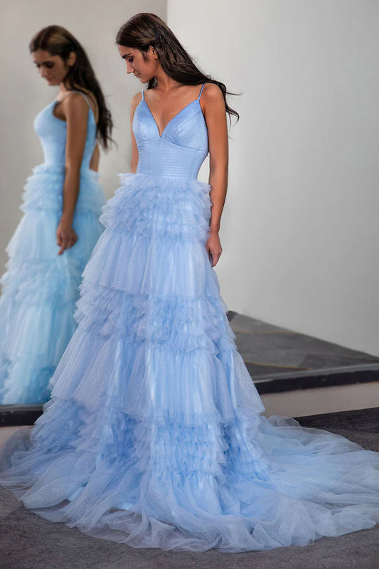 Deep V-strap backless waist cinched light blue long cute cake skirt party dress