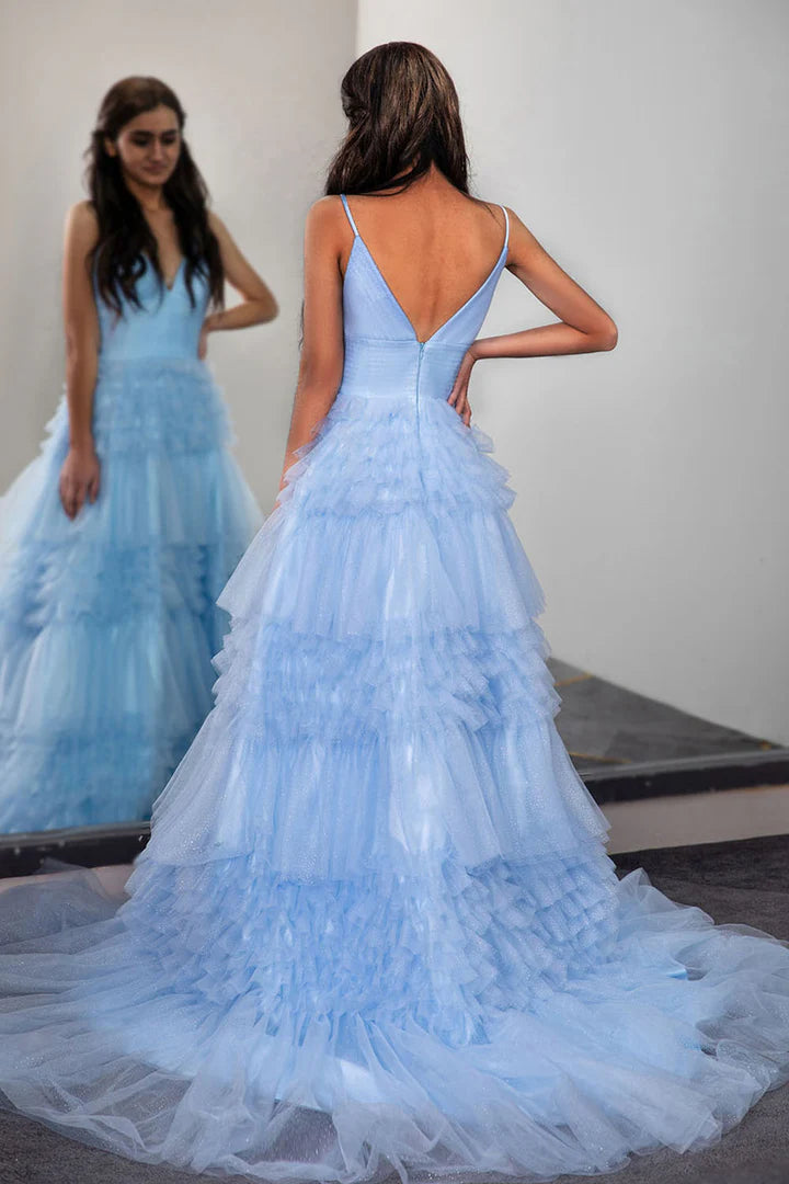 Deep V-strap backless waist cinched light blue long cute cake skirt party dress