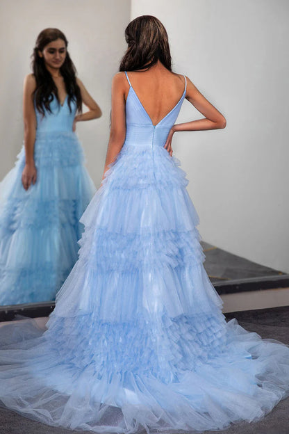 Deep V-strap backless waist cinched light blue long cute cake skirt party dress
