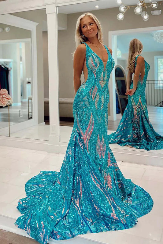 Deep V backless gorgeous blue sequin dance dress