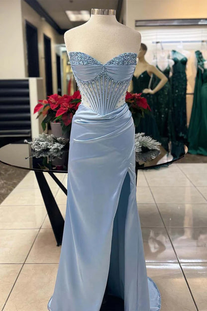 Strapless Side Slit Sheer Corset Bodice Prom Dress with Beads