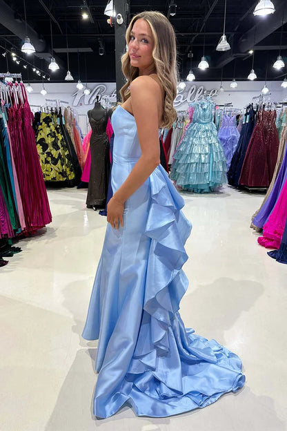 Satin Strapless Slim Fit Prom Dress with Ruffle Train