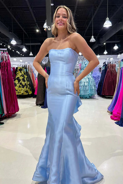 Satin Strapless Slim Fit Prom Dress with Ruffle Train