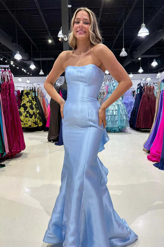 Satin Strapless Slim Fit Prom Dress with Ruffle Train