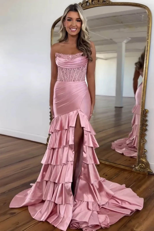 Strapless waist cinching hip hugging skirt  long skirt  floor mopping  side split