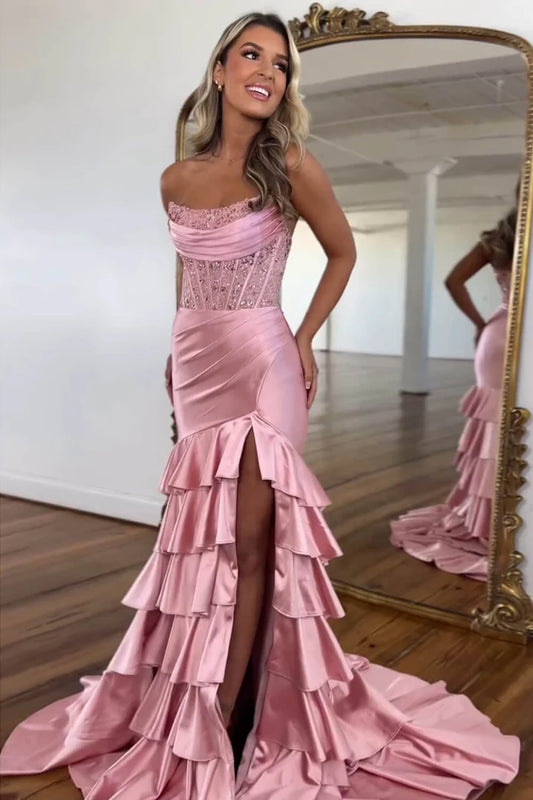 Strapless waist cinching hip hugging skirt  long skirt  floor mopping  side split