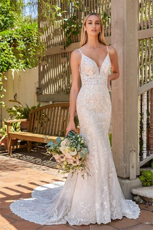 Chiffon sequin lace fitted mermaid V-neck cinched waist and floor skirt