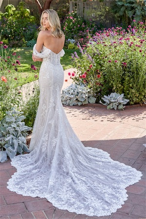Fetching Tulle and Sequin Lace Fit & Flare Gown with Corset Bodice and Detachable Matching Lace Sleeves