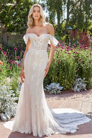 Fetching Tulle and Sequin Lace Fit & Flare Gown with Corset Bodice and Detachable Matching Lace Sleeves