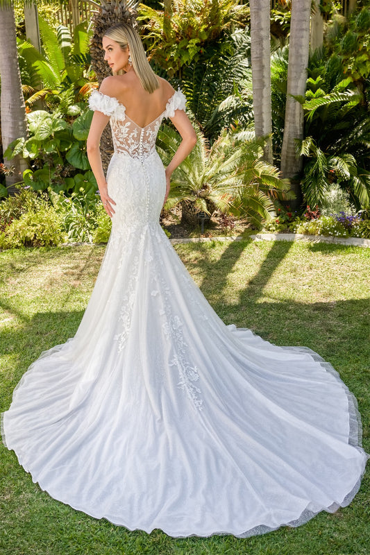 Sexy Tulle and Sequin Lace Mermaid Gown with Portrait Neckline Adorned with Flowers