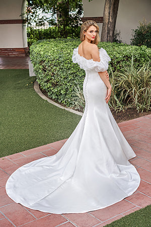Mermaid satin asymmetrical collar and floor length wedding dress