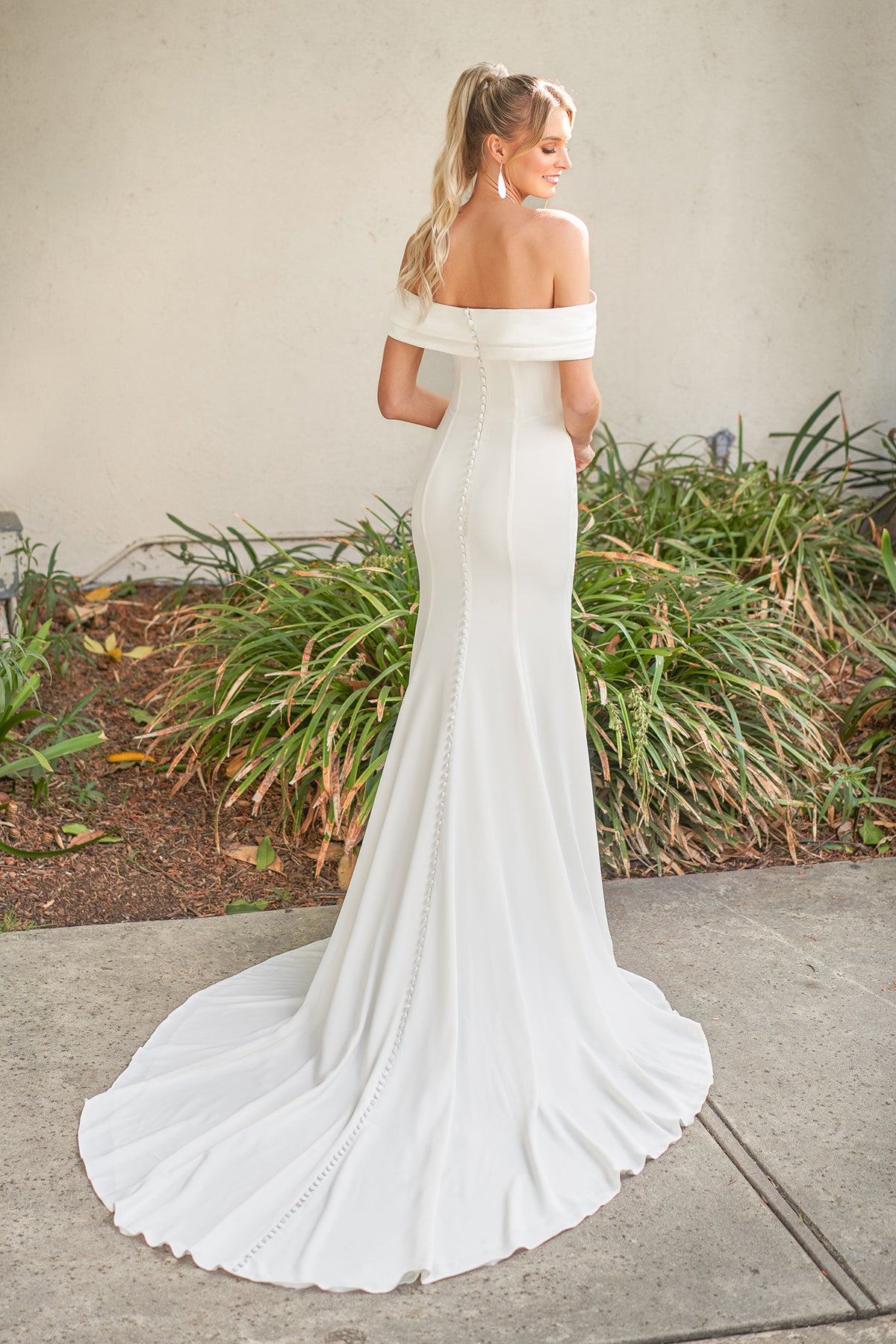 One shoulder simple long wedding dress with tail