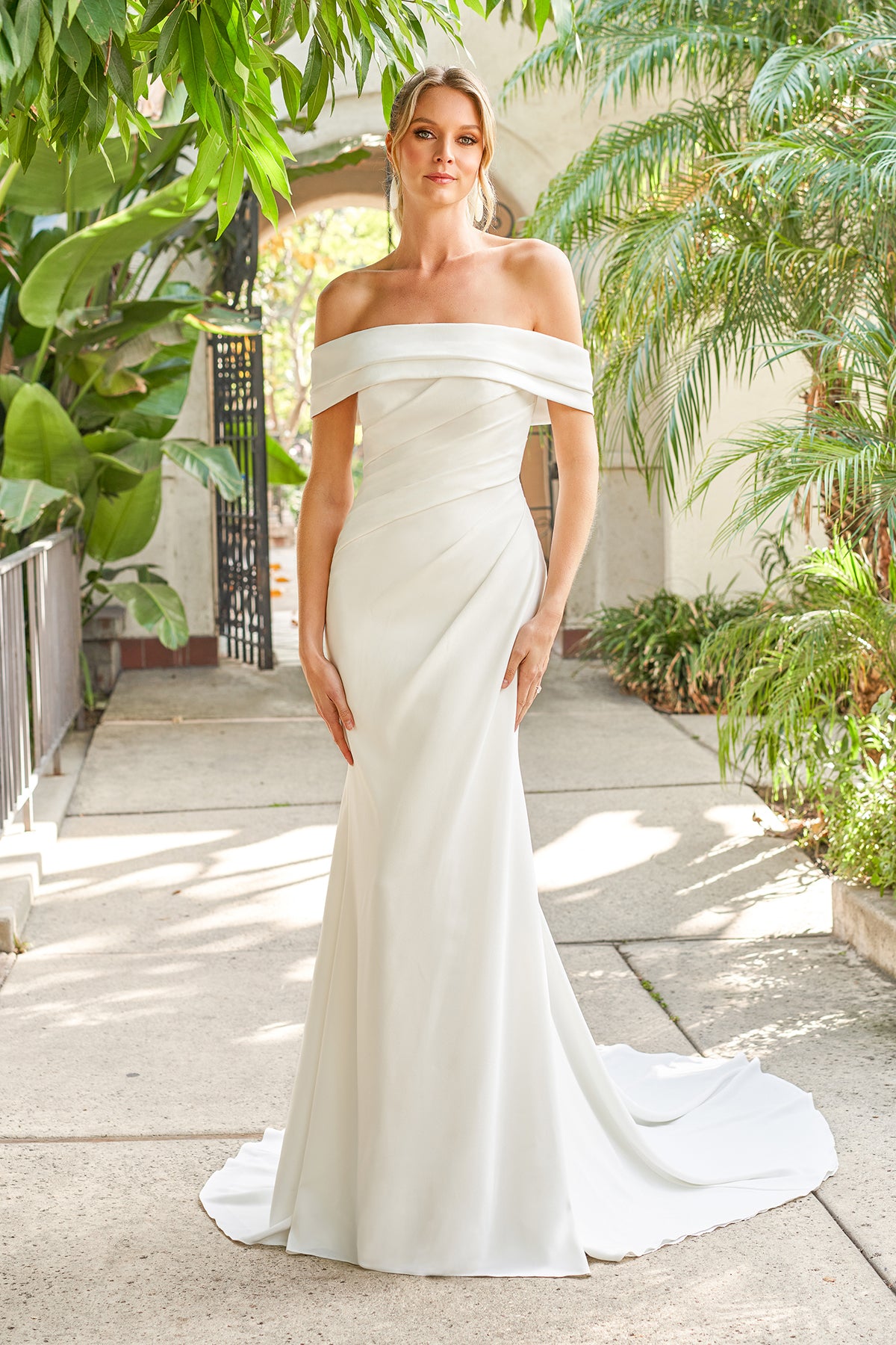 One shoulder simple long wedding dress with tail