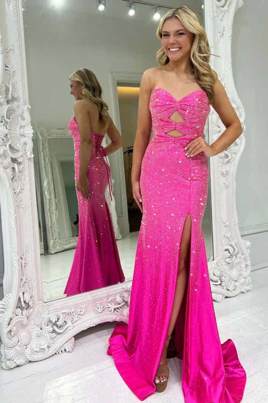 Strapless  slit bead ball gown floor length long skirt