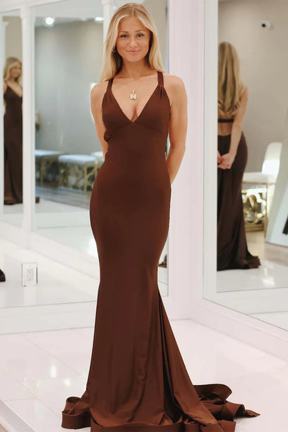 Unique backless ball gown with camisole and deep V-floor skirt