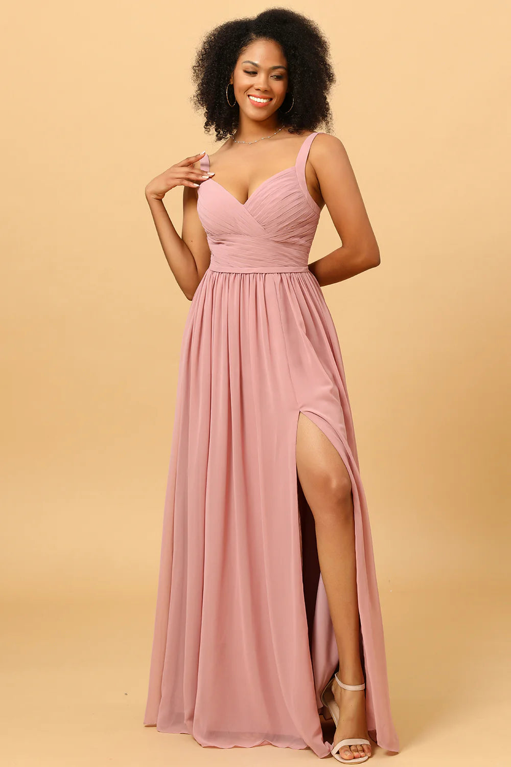 Chiffon V-neck long bridal dress with slit