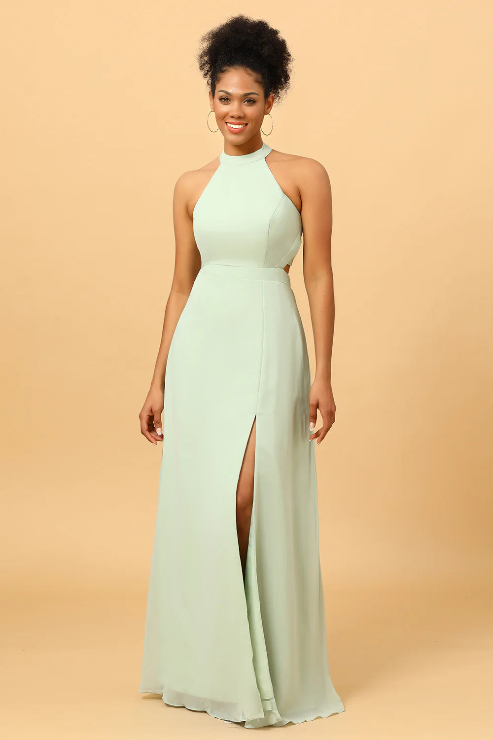 Dusty Sage Long Chiffon Bridesmaid Dress with Slit