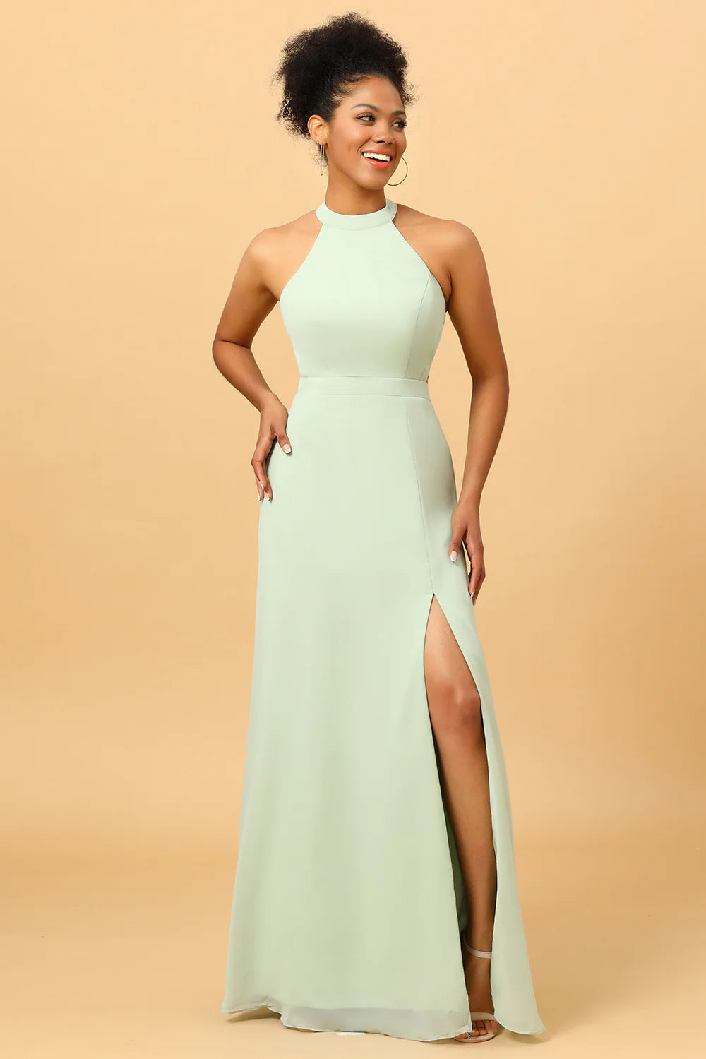 Dusty Sage Long Chiffon Bridesmaid Dress with Slit