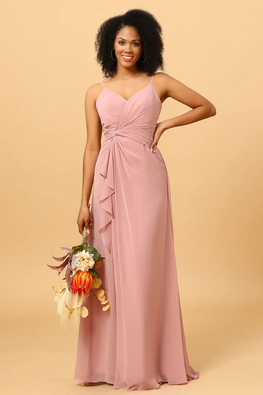 V-neck suspender chiffon pleated long bridal dress